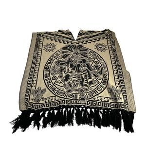 Artesanias San Martin Mexican Poncho Aztec Calendar Warrior Fringe Tan Black